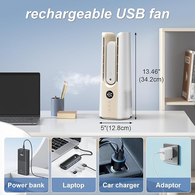 Desk Fans Small Quiet with Humidifier, 14 Inch Bladeless Desk Fan with 9 Speed Adjustment, 60° Oscillating, 8 H Timer, 2 Modes Desktop Cooling Fan for Bedroom, Office, Nightstand, Sleep, White