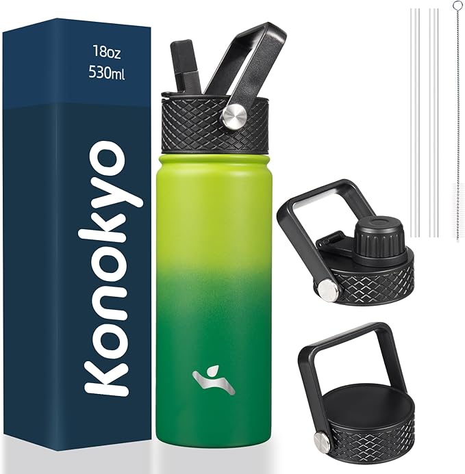 18 oz Insulated Water Bottle Stainless Steel Sport Bottles with 3 Lids,Bamboo Grove-FlexoryFit