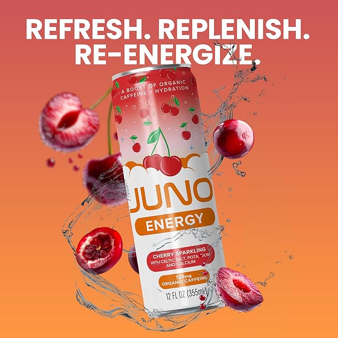 JUNO ENERGY Organic Cherry Sparkling Drink - Sugar Free Electrolytes, Energizing and Hydrating with 125mg Organic Caffeine from Green Coffee Beans, Organic Monk Fruit, Organic Sour and Black Cherry Juice & Electrolytes - Vegan, Gluten Free, 12 Pack-FlexoryFit
