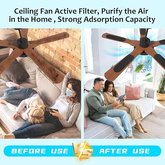 2025 Upgrade Ceiling Fan Filters for Blades 5pcs Easy-Stick Strong Fixity Activated Coconut Carbon Fan Filter. transform your fan into a powerful air purifier, cat litter box fresh filter, black