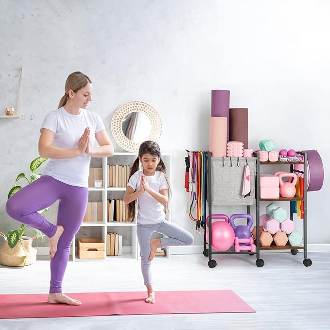 Yoga Mat Storage Rack Home Gym Equipment Organizer Holder for Foam Roller Dumbbells Kettlebells Resistance Bands and More Accessories Women Men Workout Organization with Hooks Wheels (Black)-FlexoryFit