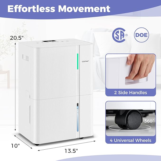 COSTWAY 74 Pints Dehumidifier for Basement, 6000 Sq.Ft Dehumidifier with 24H Timer, 3-Color Indicator, 1.2 Gallon Water Tank, Drain Hose & Wheels for Bathroom, Bedroom