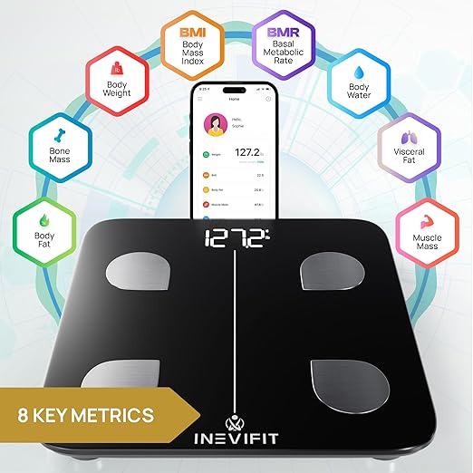 INEVIFIT Smart Body Fat Scale, Highly Accurate Bluetooth Digital Bathroom Body Composition Analyzer, Measures Weight, Body Fat, Water, Muscle, Visceral Fat & Bone Mass for Unlimited Users (Black)-FlexoryFit