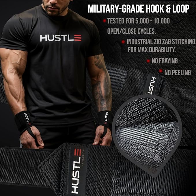 Hustle Athletics Wrist Wraps for Weightlifting – Max Wrist Support for Safe & Heavy Lifts, USPA Approved 18" & 12" Lengths, Thumb Loop Gym Straps for Powerlifting & Weight Lifting for Men and Women-FlexoryFit