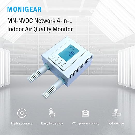 Indoor Air Quality Monitor, 4-in-1 Temperature Humidity CO2 TVOC Sensor, AWS/Azure/Tuya IoT with PoE, LCD Display, Protocol: MQTT, BACnet, SNMP, Modbus TCP, Home Assistant Ready, Email/IFTTT