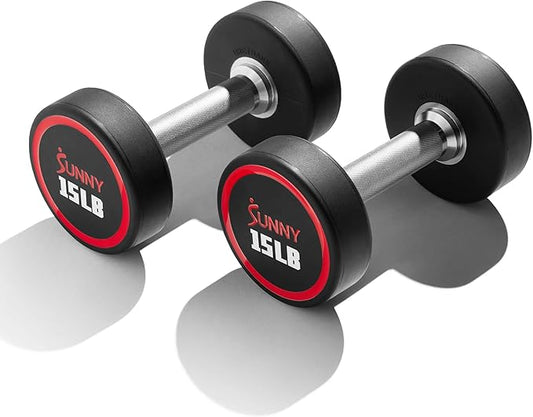Sunny Health & Fitness Premium Polyurethane Commercial Grade Round Dumbbells with Diamond Knurled Handle, Durable Strength Training Equipment for Home Gym, 5-50LB-FlexoryFit