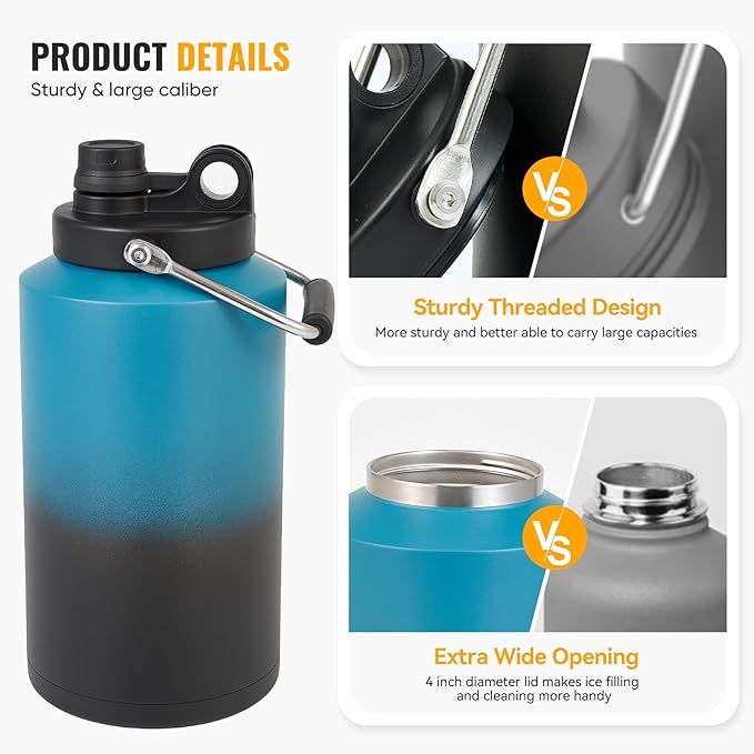 Kerilyn Insulated Gallon Jug with Handle, One Gallon, 128oz Stainless Steel, Large Double Vacuum Water Bottle for Hot & Cold Drinks, Wide Mouth, Sweat Proof, Great for Travel, Camping, Blue Gradient-FlexoryFit