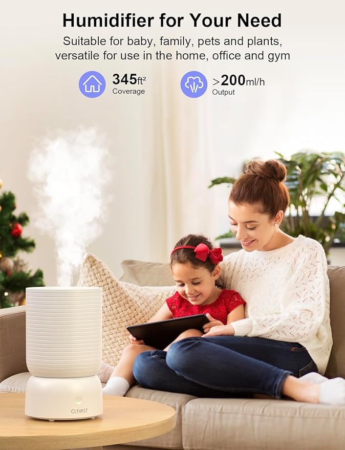 CLEVAST Smart Humidifier for Bedroom, 3L Top Fill Cool Mist Ultrasonic Air Humidifiers with Essential Oil Diffuser, Ultra Quiet for Baby Nursery, Plants, Home, Office (3 Liters Smart Version)
