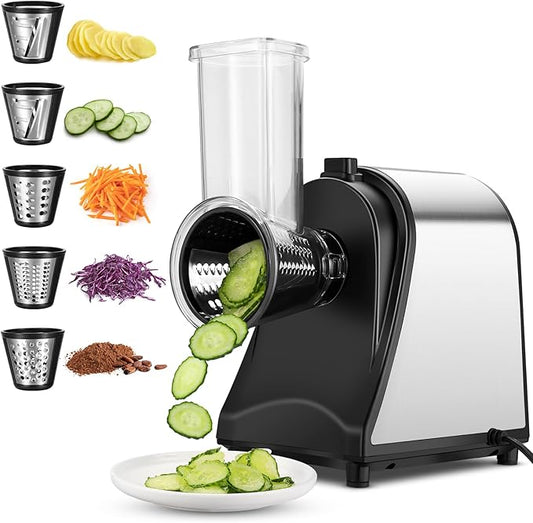 Homdox 250W Electric Cheese Grater, Electric Slicer Shredder, Salad Maker Electric Grater Electric Cheese Grater/Shredder with 5 Free Attachments, Ivory-FlexoryFit