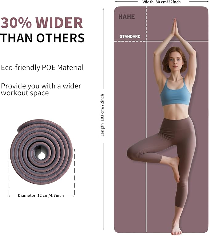 HAHE Non Slip Yoga Mat Wide, (72"L X 32"W, 0.24" Thick) Large Fitness Exercise Mat with Carrying Strap, Eco-Friendly POE Yoga Mats for Home, Gym, Pilates, Stretching-FlexoryFit