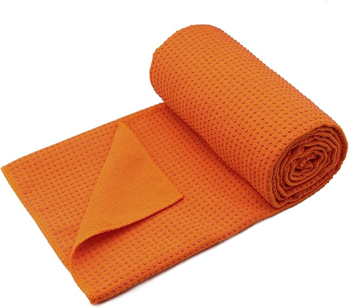 Eunzel Yoga Towel,Hot Yoga Mat Towel with Grip Dots Sweat Absorbent Non-Slip for Hot Yoga, Pilates and Workout 24" x72", Orange-FlexoryFit