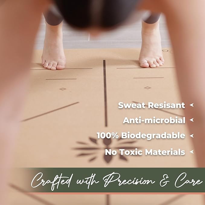 Premium Yoga Cork Mat | 5mm Thick Natural Tree Rubber Base and Bigger Mat for Extra Support, Alignment lines for Guidance | Non-Slip, Natural & Eco-friendly, Your Ultimate Eco-Friendly Yoga Companion-FlexoryFit