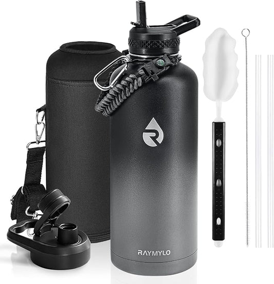 Insulated Water Bottle 87 oz, Triple Wall Vacuum Stainless Steel (Cold for 48 Hrs), Leak Proof & Non-BPA, Modern Water Flask Jug with Paracord Handle & Straw Spout Lids, Dark Grey-FlexoryFit