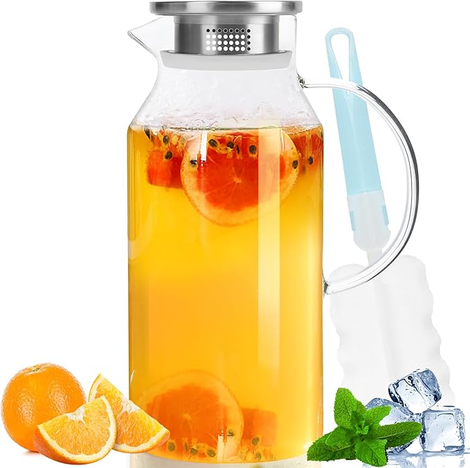 Yirilan Glass Pitcher, 2.6 Liter Water Pitcher with Lid, Large Juice Pitchers for Drinks, Glass Water Carafe, Glass Tea Jug, Beverage Pitchers