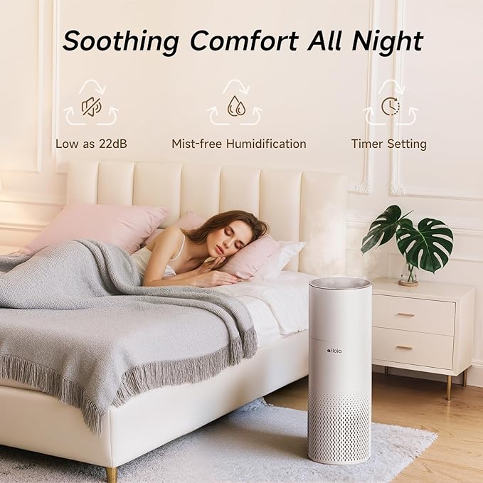 Afloia Humidifier and Air Purifier in One, Air Purifier and Evaporative Humidifier Combo for Home, 24dB Quiet Air Cleaner Remove Pets Dust Dander Hair Allergy Pollen Smoke Smell for Room, Pale Pink