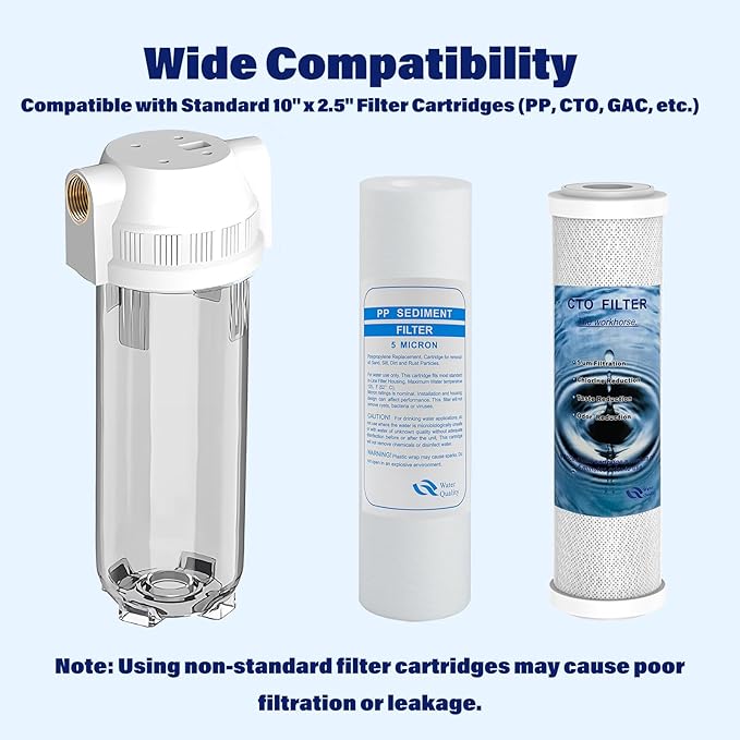 Whole House/RV Water Filter Housing Clear, 10" X 2.5" Inline Sediment Water Filter for RV, Home, Garden, Aquarium, Maple Syrup RO System, 3/4" G Brass Port, R-Type O-Ring, Heavy Duty Bracket-1025CBH