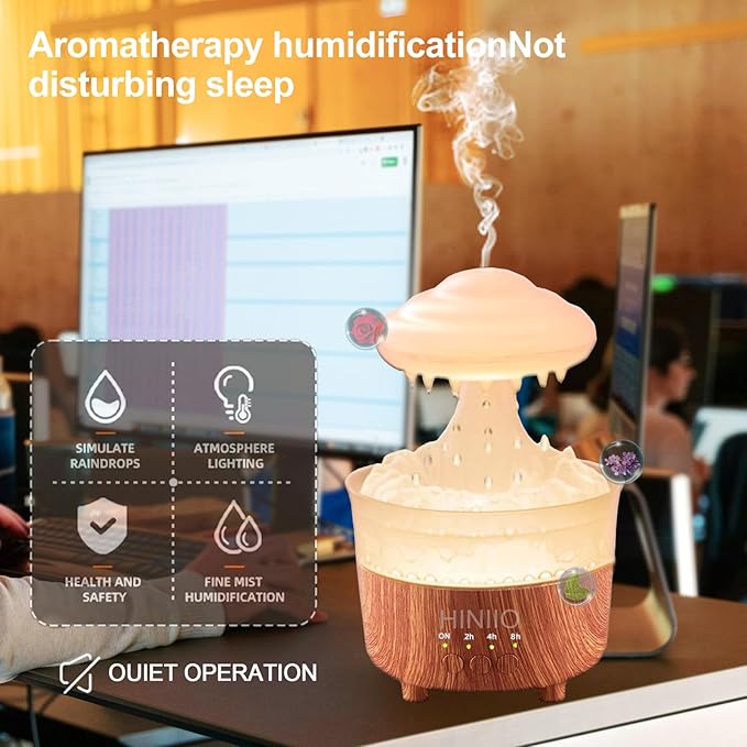 Rain Cloud Humidifier Water Drip with 7 Colors LED Night Light, Mushroom Essential Oil Diffuser with Remote Control for Bedroom Sleeping Relaxing(Wood Grain)