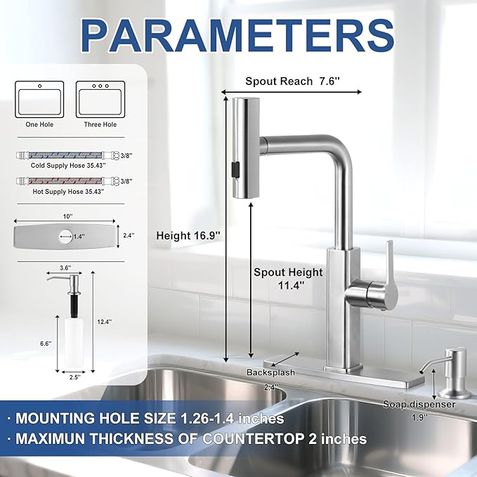 Kitchen Faucet with Pull Down Sprayer: ALEASHA Waterfall Kitchen Sink Faucet with 3 Function Pullout Sprayer, Single Hole for RV/Bar, 360° Swivel Faucets with Spout Soap Dispenser, Brushed Nickel