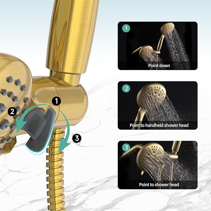 SR SUN RISE High Pressure 3-Way Rainfall Shower Faucet, 3 in 1 Shower Head and Handheld Shower Combo Set with 71” Hose, Easy to Clean Bathtub or Pets, Valve and Shower Trim Kit, Brushed Gold