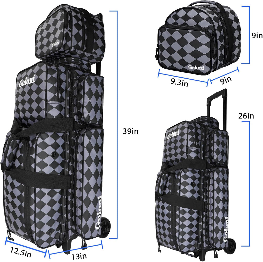 4 Ball Bowling Bags with Wheels,3 Ball Bowling Bag + 1 Ball Tote,Separate Shoe Compartment for Shoes (Up To US Men Size 16)