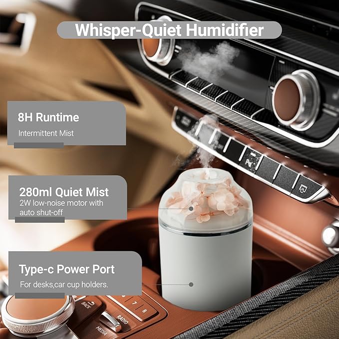Portable USB Humidifier with 7-Color Mood Light | 280ml Quiet Mist for Bedroom, Office, Car | Auto Shut-Off & 8H Runtime (White)