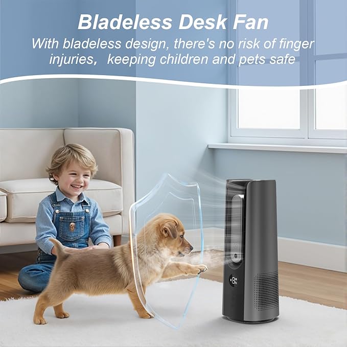 Desk Fan, Small Quiet Table Fan with Humidifier, 14 Inch Portable Bladeless Fan with 9 Speed Adjustment, 2 Modes, 5000mAh Battery, 60° Oscillating Mini Fan for Bedroom Office Living Room Dorm