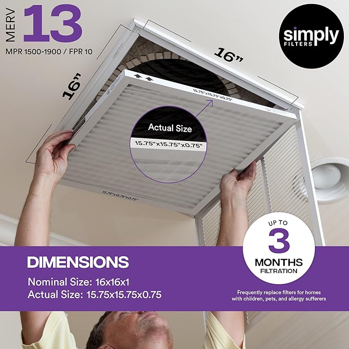 Simply 16x16x1 Air Filter, MERV 13, MPR 1500, 6 Pack, For Home AC Furnace & HVAC (Actual Size: 15.75"x15.75"x0.75") DUST, Pet, & Allergy Control