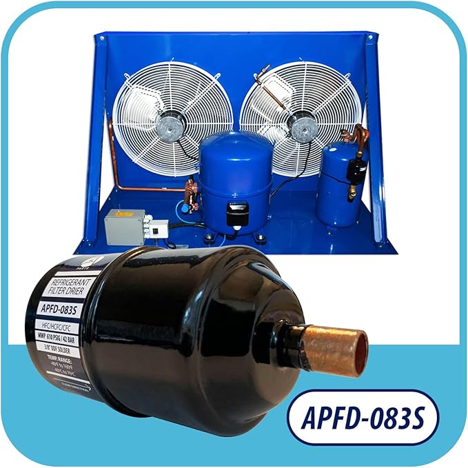 Appli Parts APFD-083S 3/8 in Liquid Line Refrigerant AC Filter Drier hvac Refrigeration 083S ODF Sweat Solder connection universal unidirectional 5-1/2 in long 2 in wide