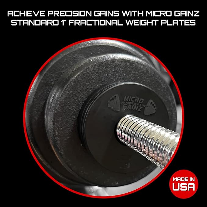 Micro Gainz 1-Inch Center Hole Standard Fractional Weights Plates Set, 8 Piece Dumbbell & Barbell Set of .50LB Plates for Strength Training and Weight Lifting, Made In USA