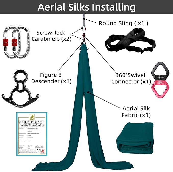 PRIOR FITNESS Aerial Silks Kit Colorful 9/15/20 Yards 40D Nylon Fabric Hammock Set With Hardware & Guide for All Levels Of Aerial Yoga Practice and Acrobatic Flying For Adults Aerial silk-FlexoryFit