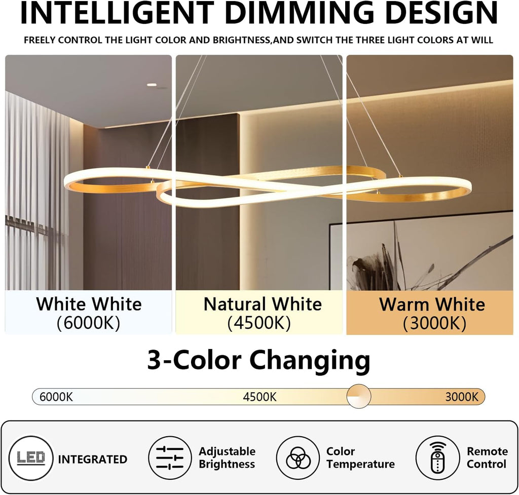 Gold Led Chandelier for Kitchen Island Lighting,Dimmable Modern Chandelier for Dining Room, L39.4" Modern Led Pendant Light Fixture Height Adjustable Brushed Gold Dining Room Light Fixture Over Table