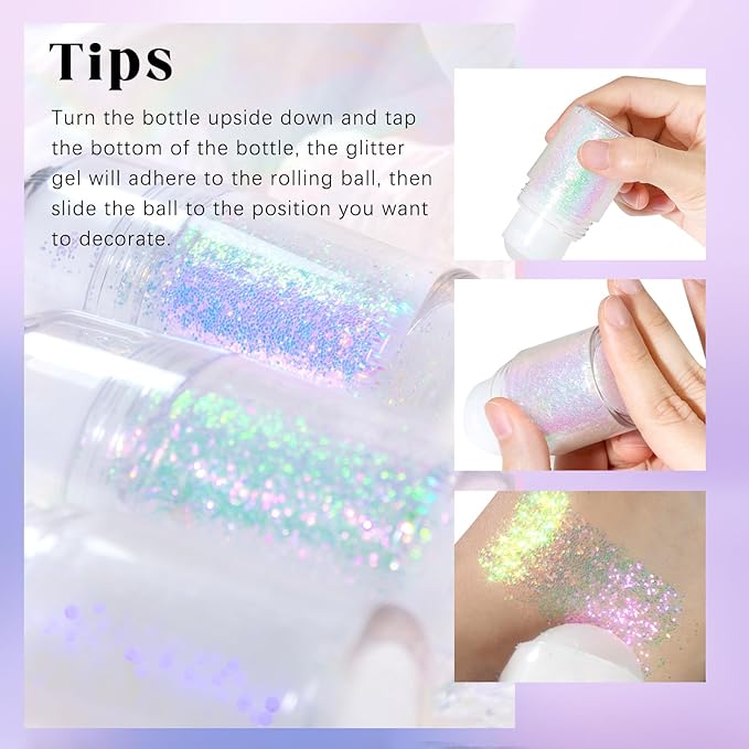 2 Colors Roll-on Body Glitter Gel, Holographic Glitter Gel Under Light for Face Hair, Body Shimmer for Rave Accessories Christmas New Year Halloween Makeup (11+12)-FlexoryFit