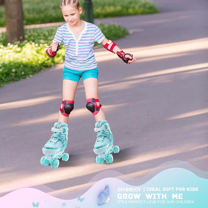 Kids Roller Skates for Girls-Outdoor 4 Size Adjustable Butterfly Quad Rollerskates for Indoor Ages 3-12 Years Beginners Children's Birthday Gift with Light Up Wheels patines para niñas Indoor-FlexoryFit