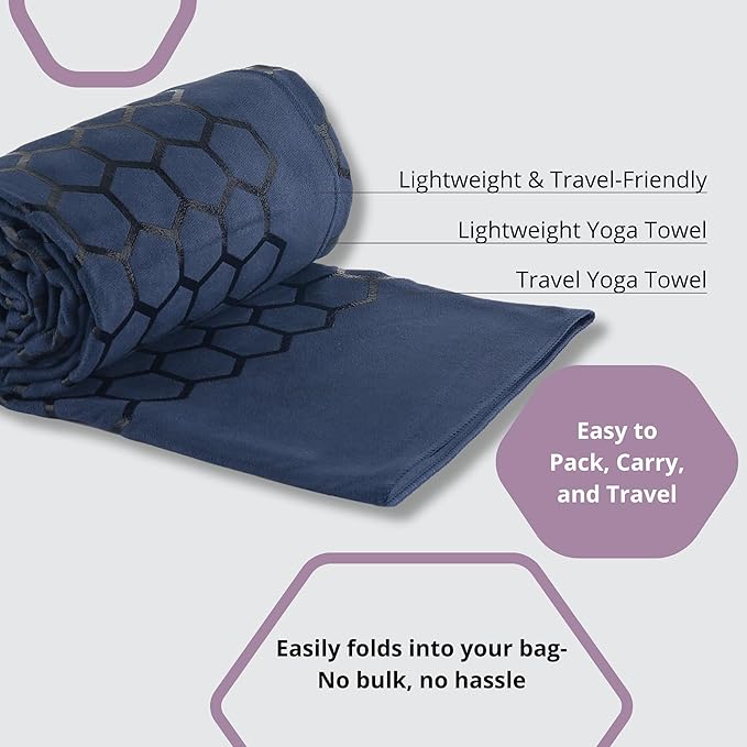 Clever Yoga Non-Slip Hot Yoga Towel – Non-Slip Grip for Hot Yoga, Sweat Absorbent, Honeycomb Silicone Grip, Stays Flat – Ideal for Pilates, Travel, Washable & Lightweight - Dark Blue-FlexoryFit