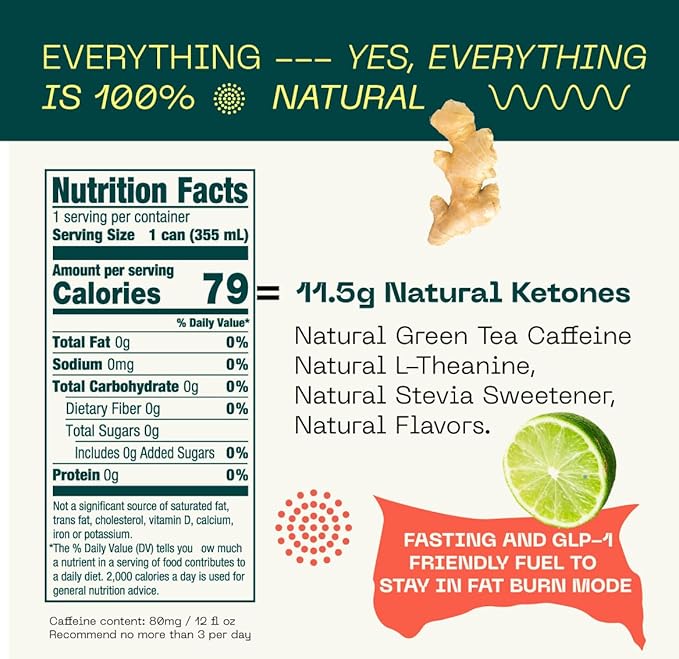 KEY Ketone Energy Drink : Sugar Free, 80mg Low Caffeine, All Natural, 11.5g Ketones, Long Lasting Energy, Green Tea & L-Theanine for Mental Focus, Ginger Lime (Pack of 12)-FlexoryFit
