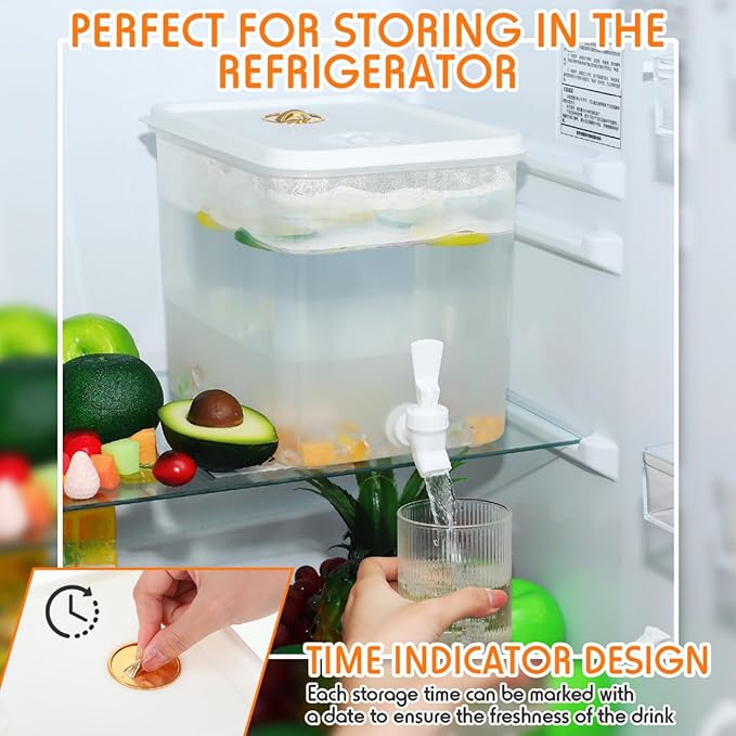 Domensi 4 Pack 2 Gallon Fridge Beverage Drink Dispenser with Spigot Leak-proof Lids Filter Screen Juice Container Sealed Plastic Lemonade Water Milk Cold Hot Drink Tea Jug for Party Daily Use