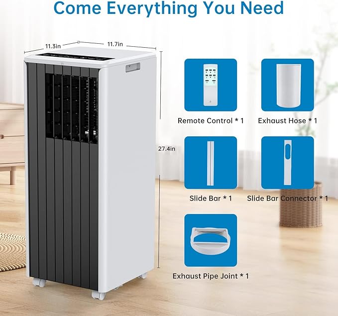8000 BTU Portable Air Conditioner for Rooms up to 350 Sq. Ft, 3-in-1 Cooling, Dehumidifier & Fan with Quiet Operation, Efficient Cooling, Sleep Mode, 24-Hour Timer & Remote Control, Black & White