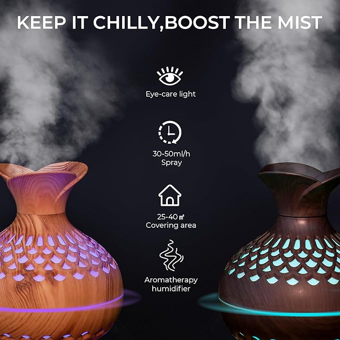 Portable Mini Humidifier, 300ml Small Humidifiers Wooden Vase Flower Aroma Diffuser, Quiet Cool Mist Humidification for Baby Bedroom Travel Office, USB Powered, Colorful Light, Lightwood