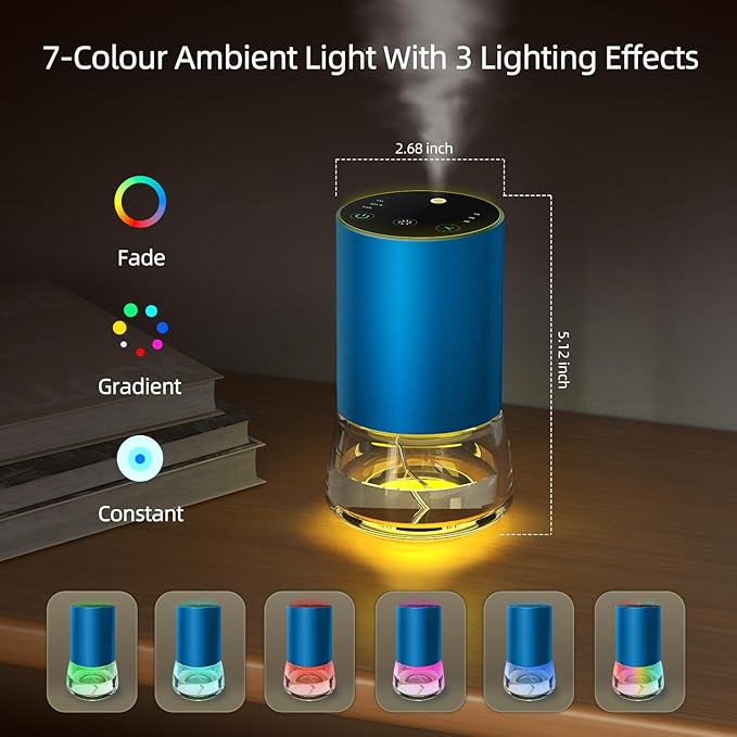 Waterless Essential Oil Diffuser 100ML Large Capacity Battery Operated Cordless Aromatherapy Diffuser with Timing & 3 Mist Levels car Diffuser 7 Colour Led Lights (Blue)
