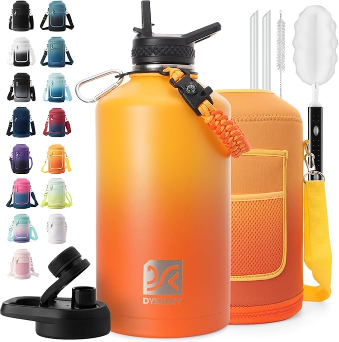 1 Gallon Water Bottle Insulated | Thickened Stainless Steel Vacuum Metal Water Jug | Portable Sports Large for Gym and Hiking with Straw, Carrier Bag, Handle Strap | BPA-Free 128 oz-FlexoryFit