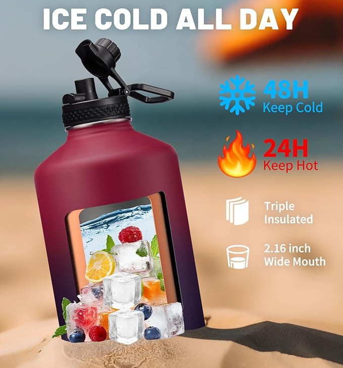 1 Gallon Insulated Water Bottle - with Straw & Auto Chug Lid, Paracord Handle, Bottle Sleeve, 128 oz Stainless Steel Water Bottle, Large Metal Gallon Water Jug Canteen for Sport Work-FlexoryFit