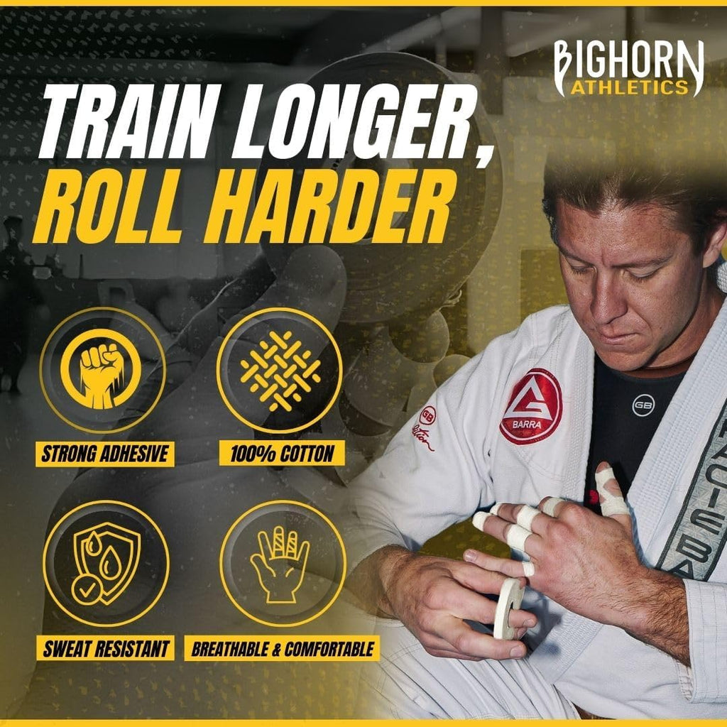 Bighorn Athletics Jiu Jitsu Finger Tape | Residue-Free Athletic Finger Tape for Sports & Injuries: Rock Climbing, Volleyball, Football, Basketball, Hands & Toes | 0.3-Inch x 45-feet, 8-Rolls, White