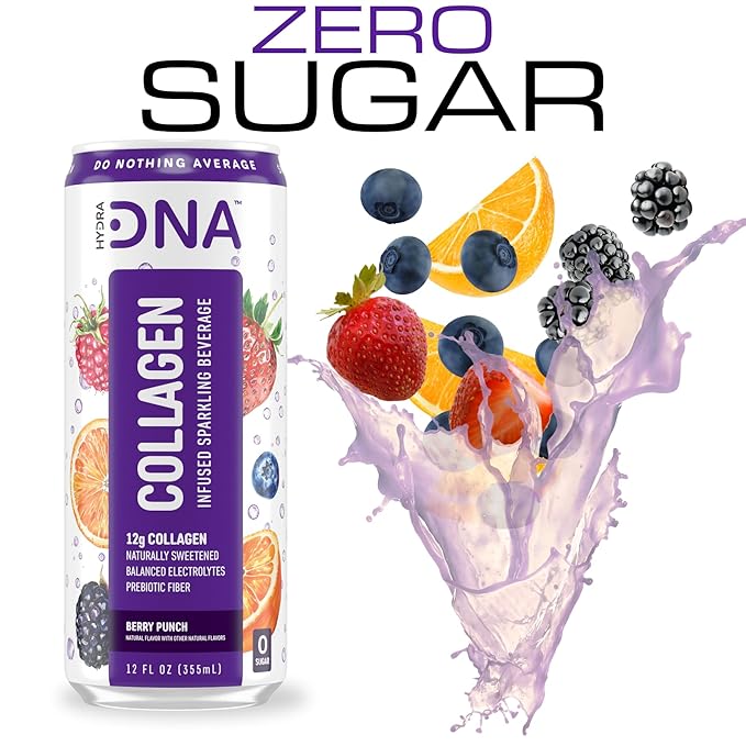 HYDRADNA- Sparkling Liquid Collagen Protein Water Drink Balanced Nutrients for Wellness - Sugar-Free - Keto-Friendly - No Gluten (12 Pack) Berry Punch-FlexoryFit