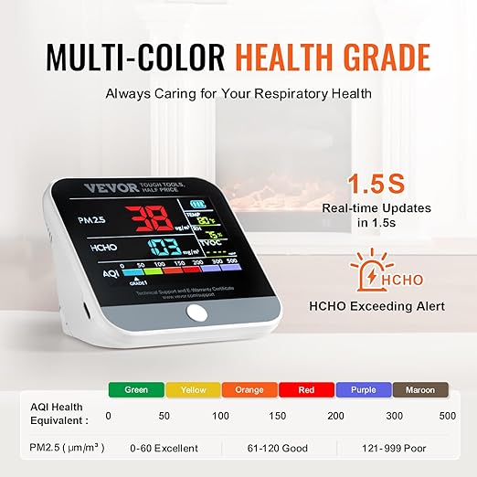 VEVOR Mini Air Quality Monitor 8-in-1, Professional PM2.5 PM10 PM1.0 Particle Counter, Formaldehyde, Temperature, Humidity, TVOC AQI Tester for Indoor/Outdoor, Air Quality Meter w/Alarm Thresholds