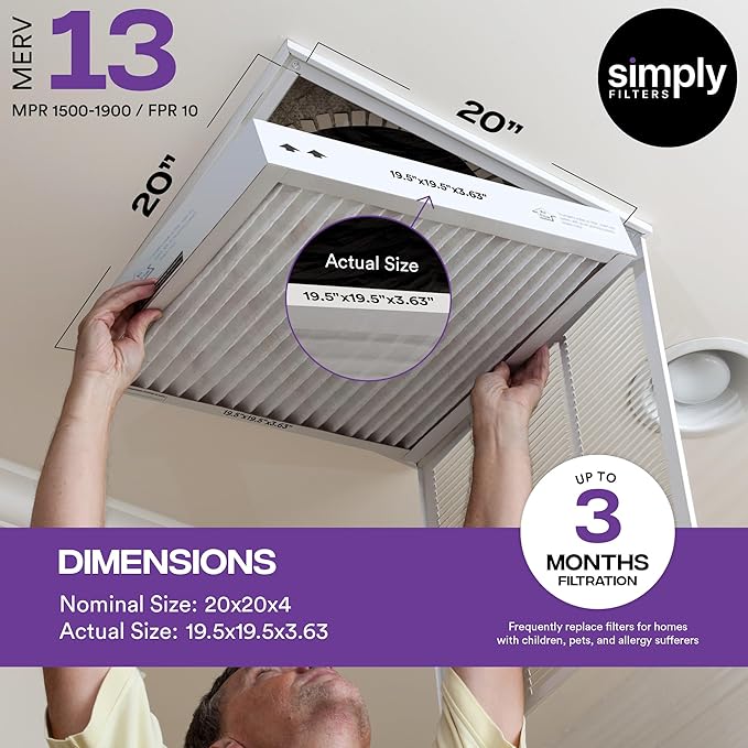 Simply 20x20x4 Air Filter, MERV 13, MPR 1500, 6 Pack, Furnace Air Filter for HVAC (Actual Size:19.5"x19.5"x3.63") DUST, Pet, & Allergy Control