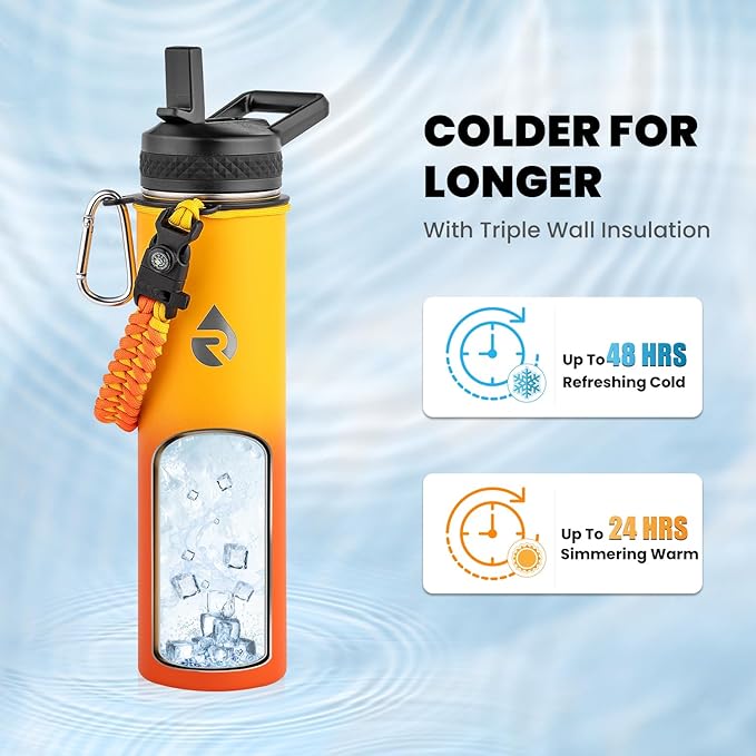 Insulated Water Bottle 24oz, Triple Wall Vacuum Stainless Steel (Cold for 48 Hrs, Hot for 24Hrs), Leak Proof & Non-BPA, 24oz Hydro Water Flask with Paracord Handle & Straw Spout Lids-FlexoryFit