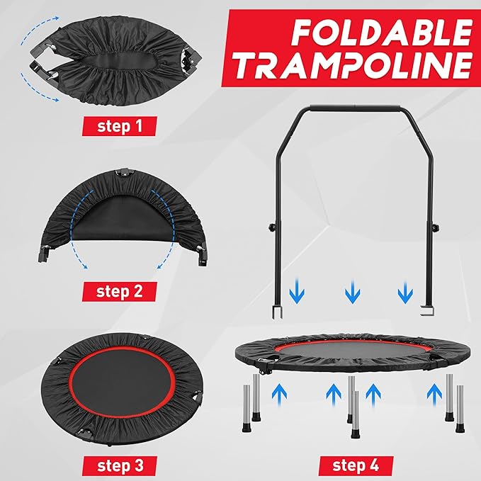 HYD-Parts 40" 48" Mini Trampoline for Adults and Kids Exercise Rebounder with Adjustable Bar Fitness Trampoline Indoor Max Load 330 440lbs-FlexoryFit