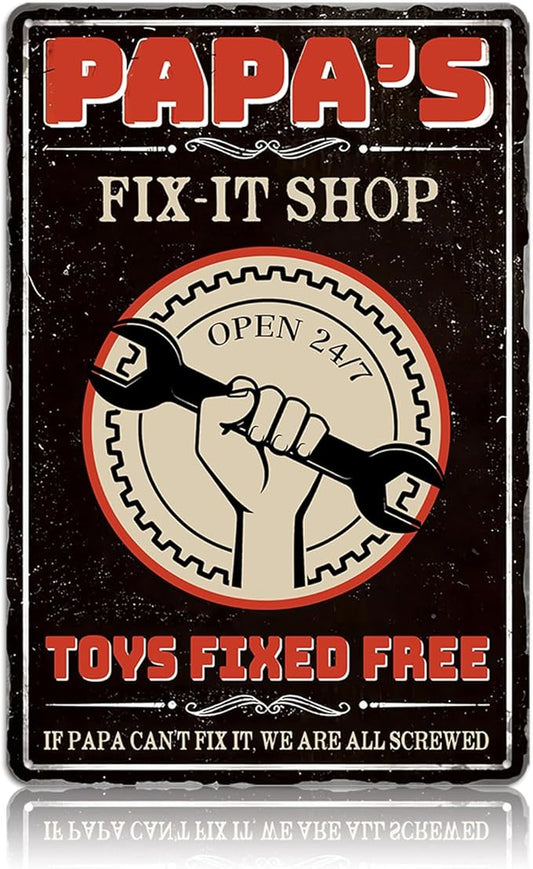 Papas Fix It Shop Metal Tin Signs for Garage Man Cave Decor Funny Papa Gifts - Vintage Tool Shop Papa's Workshop Signs, Father's Day Gifts Decorations 8x12 Inch-FlexoryFit
