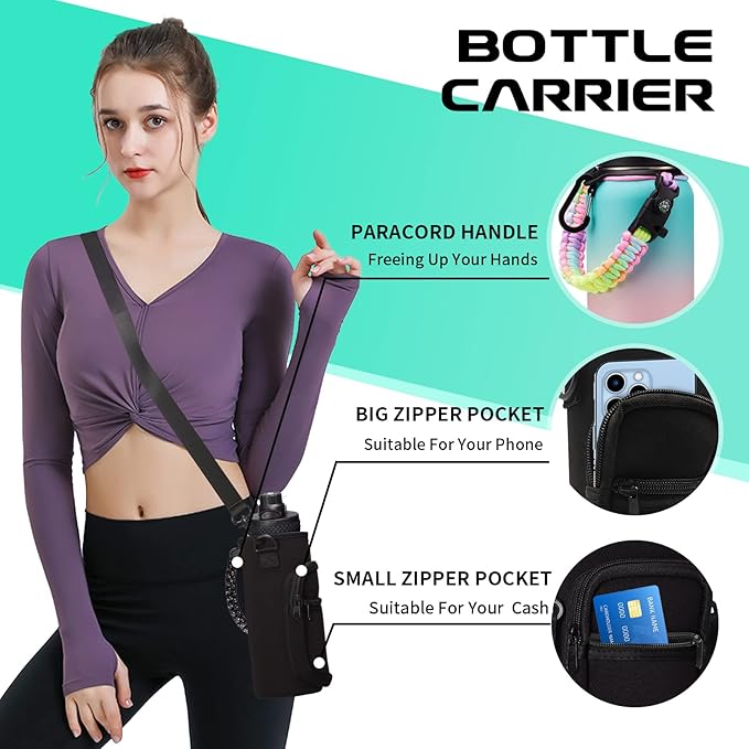 Insulated Stainless Steel Water Bottle - 32/40/64/128 oz Water Bottles with Straw & Spout Lids, Paracord Handle and Carrier Pouch, Workout Water Flask Bottle for Women Men Sport Activities-FlexoryFit