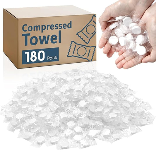 180 PCS Compressed Towel, Mini Compressed Towel Tablets, Disposable Compressed Face Towels, Camping Towel, Portable Bulk Compressed Coin Tissues for Home, Travel, Outdoor Sports-FlexoryFit
